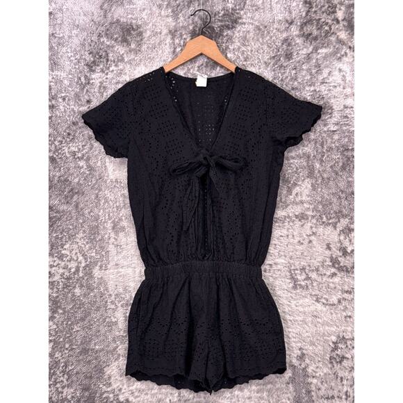 Aqua Bendita Romper Medium Womens Black Eyelet Tie Front Scallop Hem - Picture 1 of 9